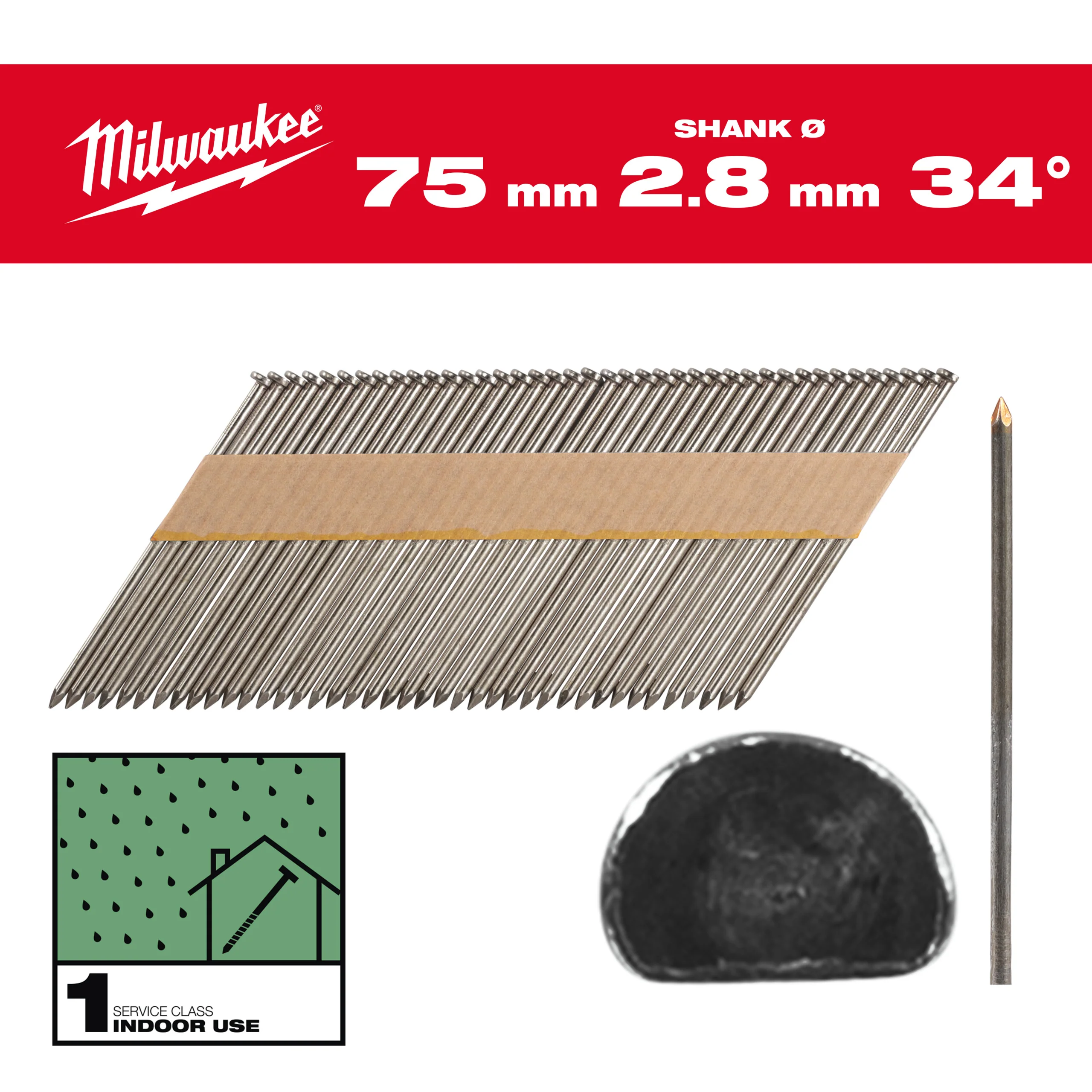 Milwaukee Gwoździe 34° pierścieniowe sfazowana głowa, jasne 75mm – 2200szt – M18FFN