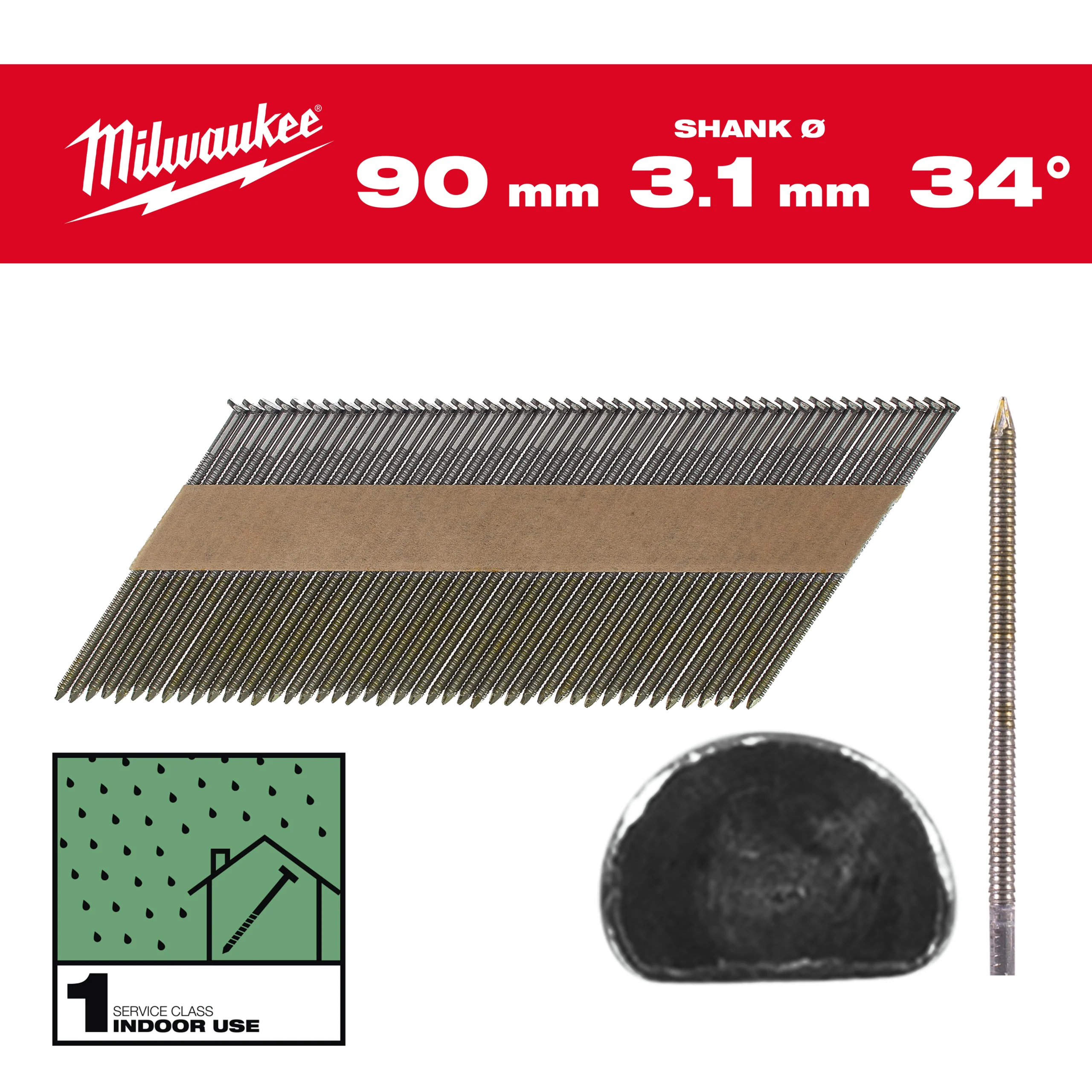 Milwaukee Gwoździe 34° pierścieniowe okrągły łeb jasny 90mm – 2200szt – M18FFN