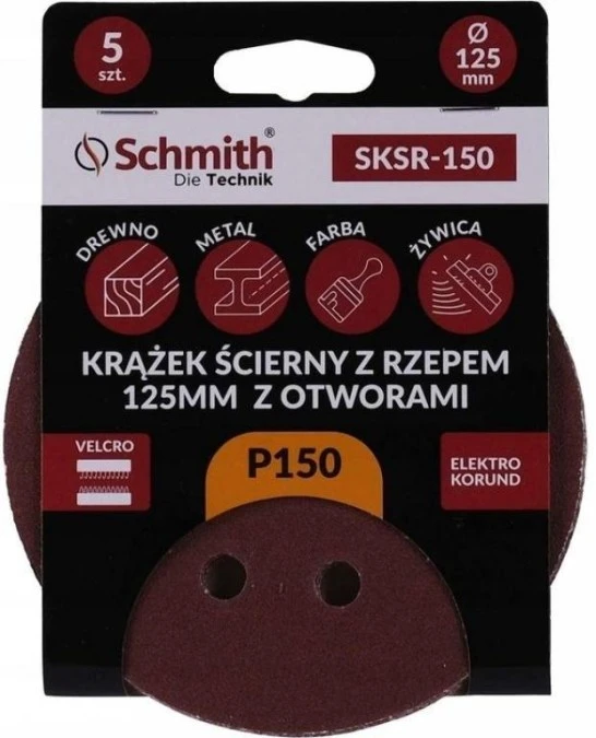 Papier ścierny krążki na rzep z otworami 125mm P150 zestaw 5szt Schmith