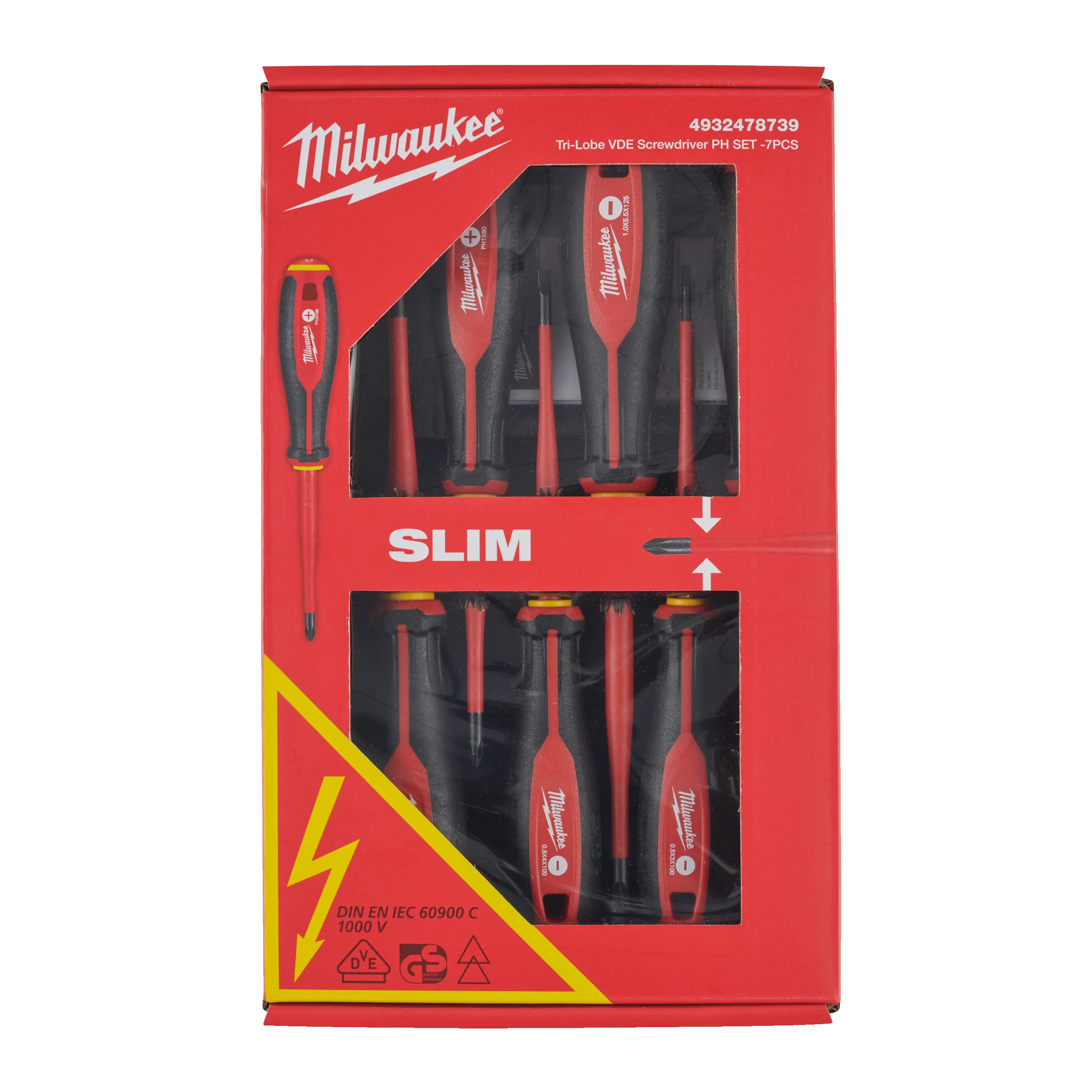 Milwaukee Zestaw wkrętaków VDE – 7szt. (SL0,4X2,5X75, SL0,5X3X100, SL0,8X4X100, SL1,0X5,5X125, PH1 X80, PH2 X100, tester)