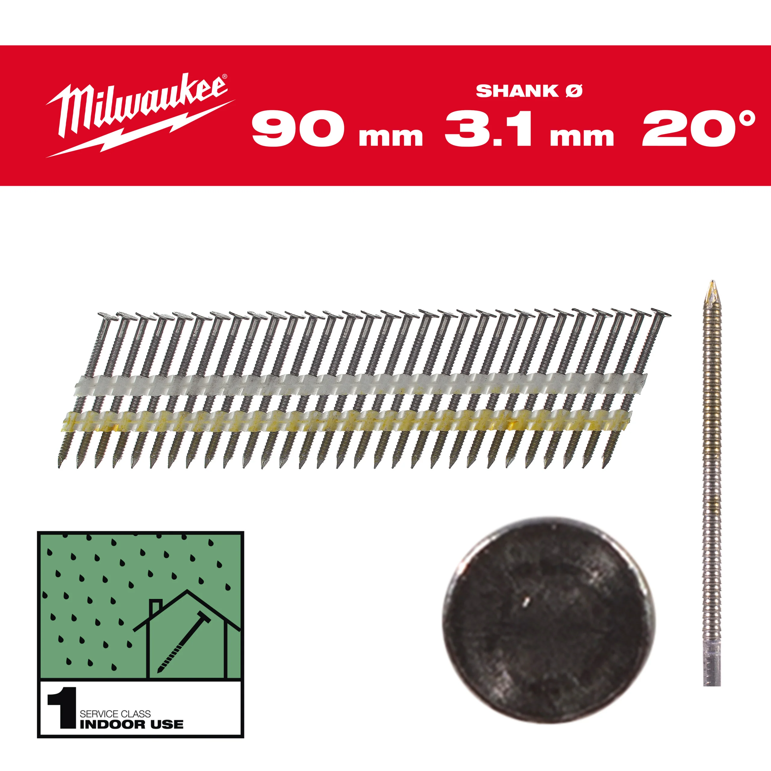 Milwaukee Gwoździe 20° pierścieniowe okrągły łeb jasny 90mm 1750szt. – M18 FFN21
