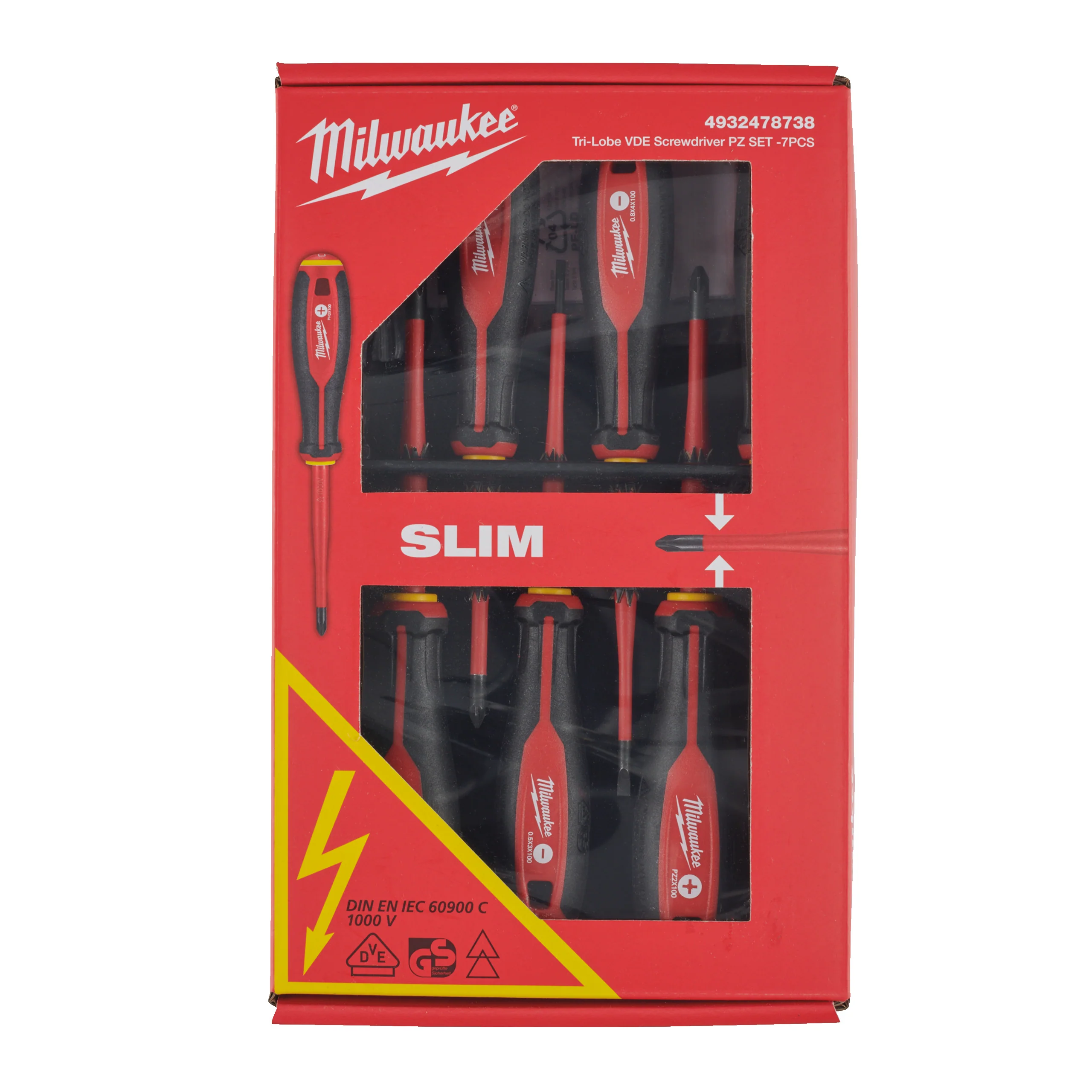 Milwaukee Zestaw wkrętaków VDE – 7szt. (SL0,4X2,5X75, SL0,5X3X100, SL0,8X4X100, PH2 X100, PZ1 X80, PZ2 X100, tester)