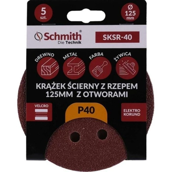 Papier ścierny krążki na rzep z otworami 125mm P40 zestaw 5szt Schmith