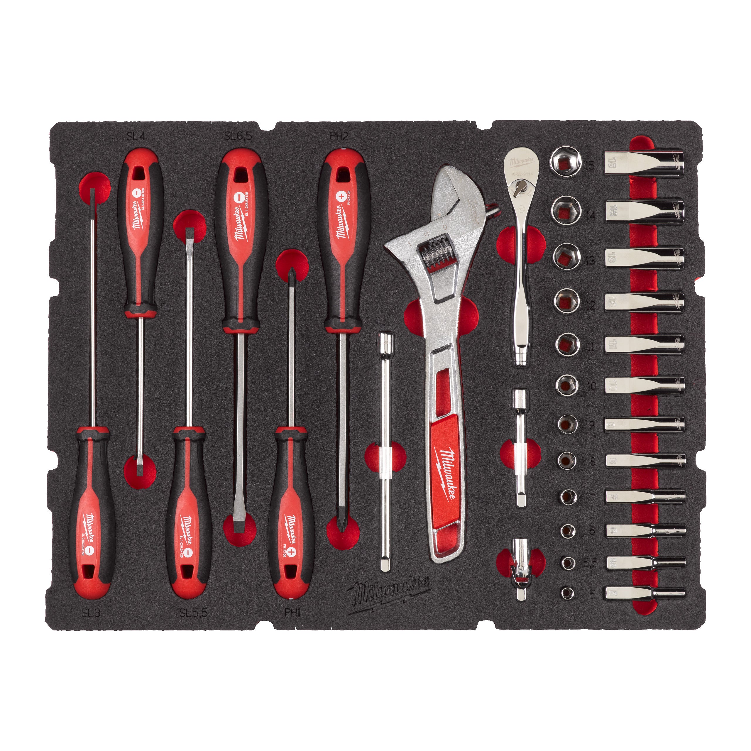 Milwaukee Wkładka piankowa z nasadkami 1/4″, wkrętakami i kluczem – do skrzyni Packout z szufladami, 35 szt
