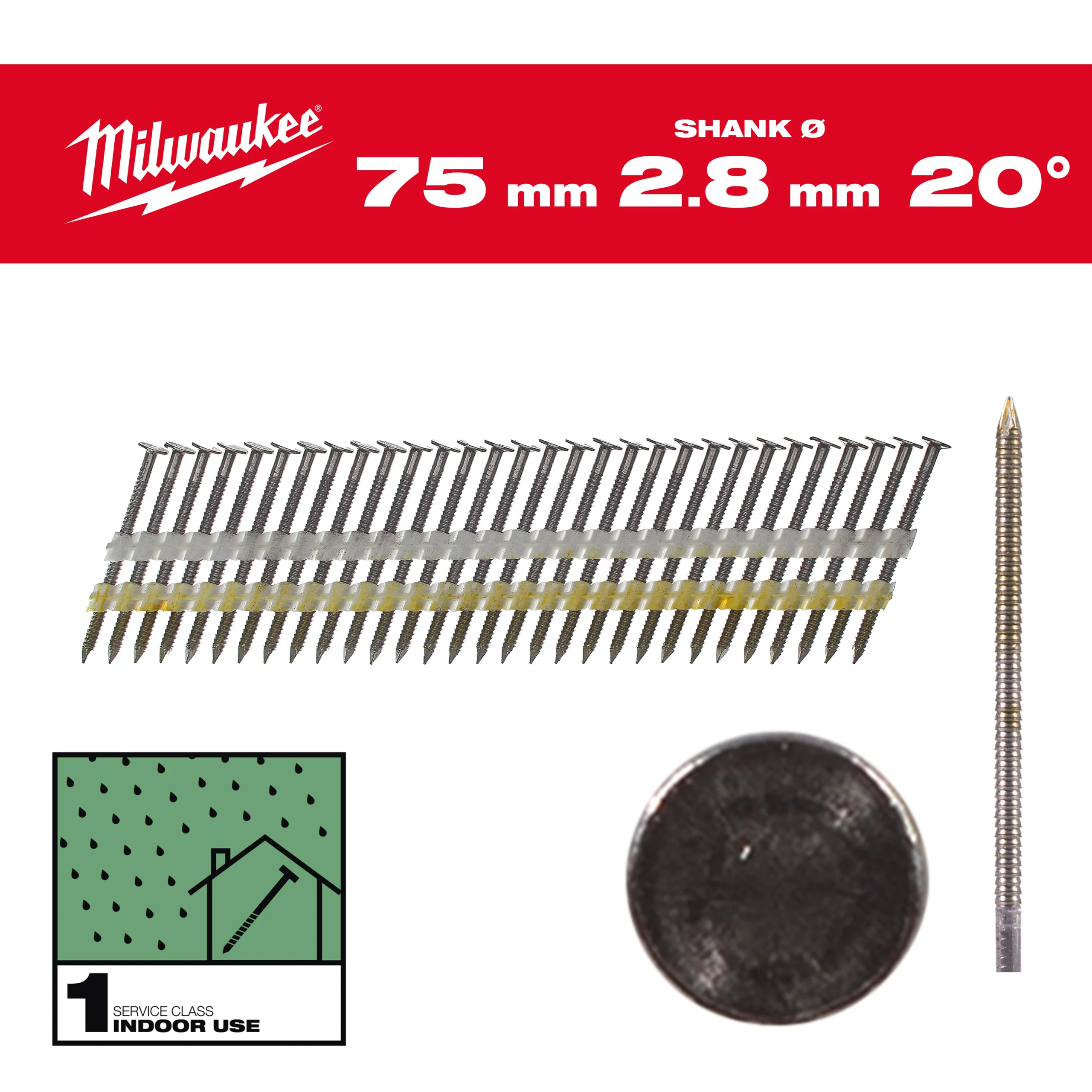 Milwaukee Gwoździe 20° pierścieniowe okrągły łeb jasny 75mm 1750szt. – M18 FFN21