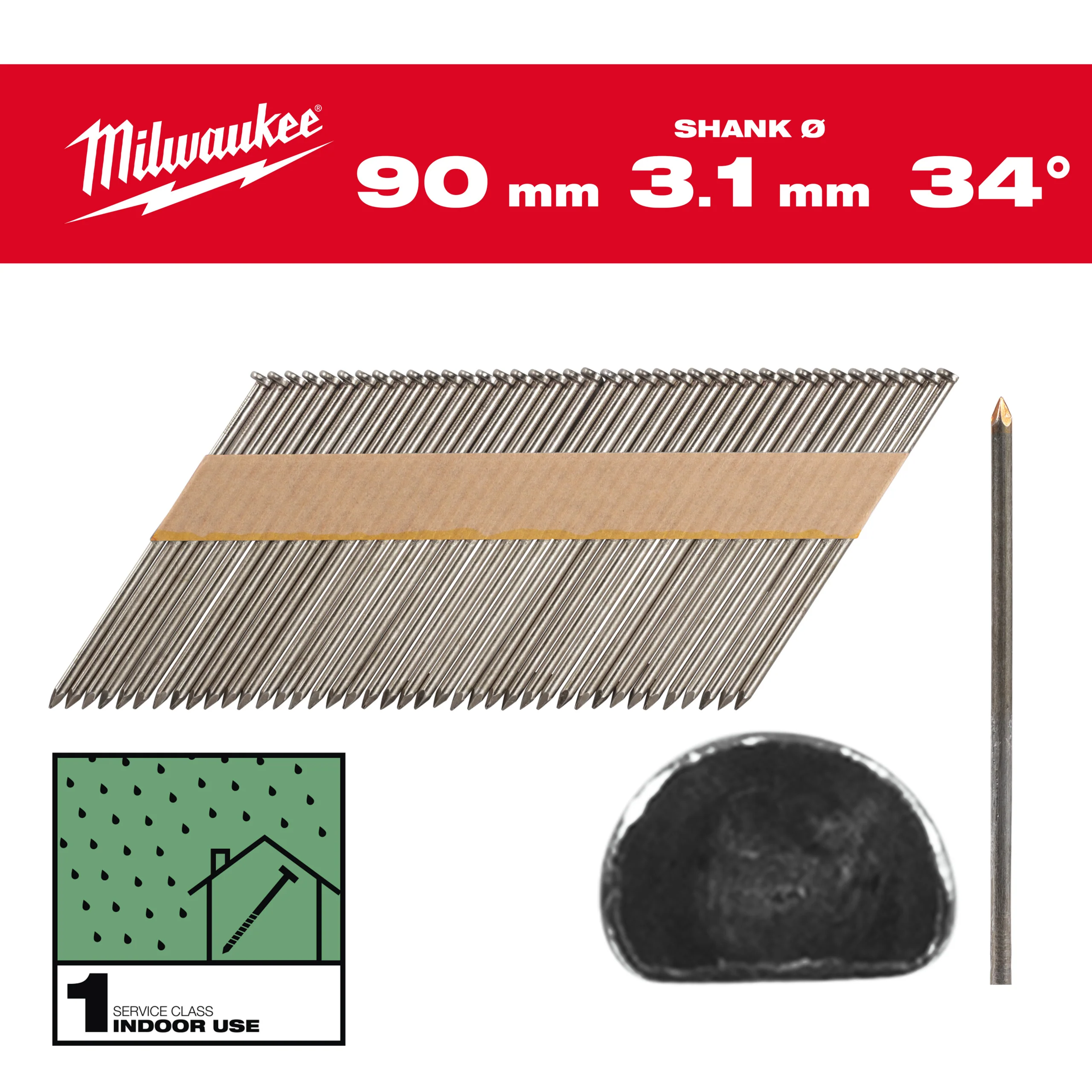 Milwaukee Gwoździe 34° pierścieniowe sfazowana głowa, jasne 90mm – 2200szt – M18FFN