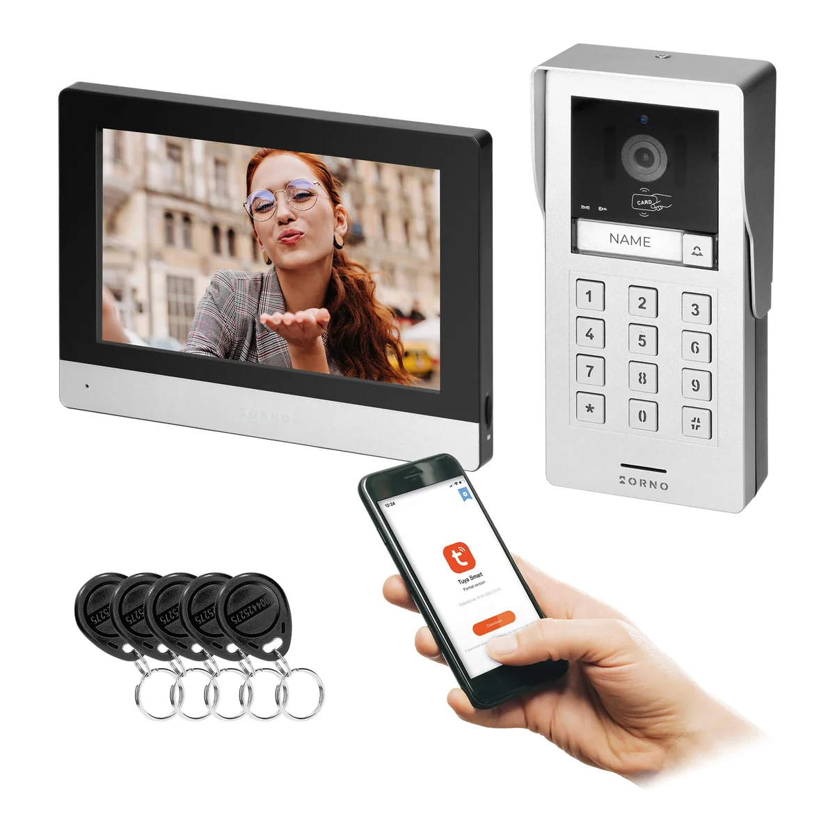 GAYD, zestaw wideodomofonowy, bezsłuchawkowy, monitor dotykowy 8 LCD, Wi-Fi + APP na telefon, z gniazdem na kartę pamięci, z kamerą Full HD 2MP, z czytnikiem kart i breloków zbliżeniowych 125kHz, szyfrator OR-VID-MA-1080/B