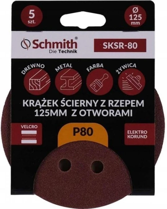 Papier ścierny krążki na rzep z otworami 125mm P80 zestaw 5szt Schmith