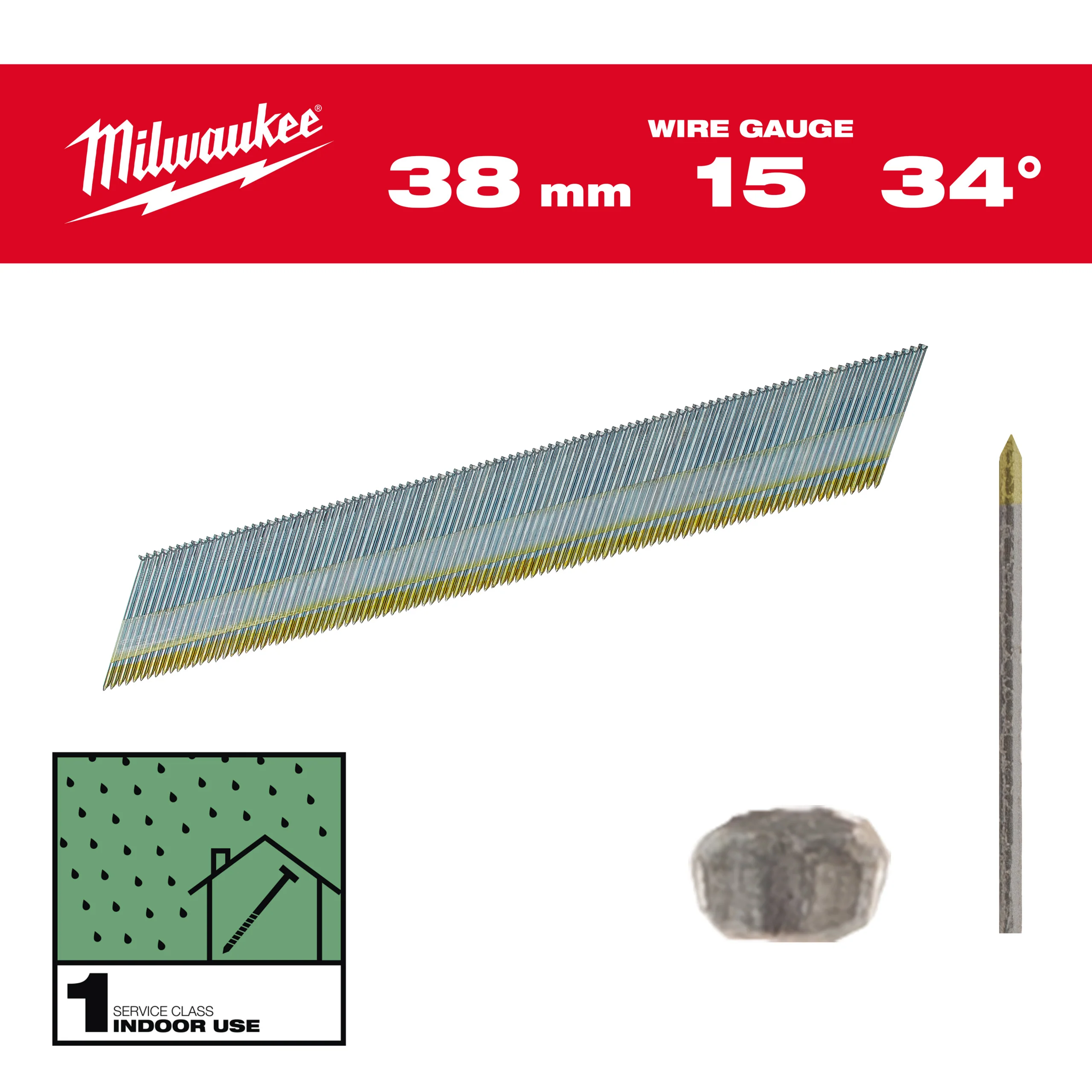 Milwaukee Sztyfty wykończeniowe, 15G, głowa typu D 38mm galwanizowane do M18 CN15GA 2500szt.