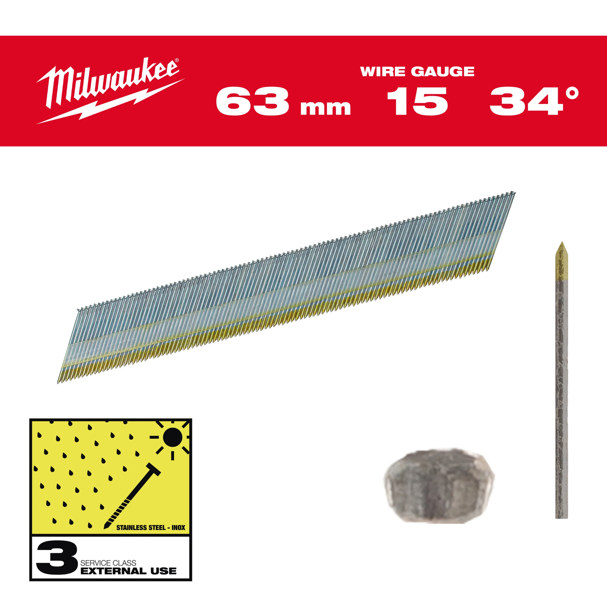 Milwaukee Sztyfty wykończeniowe, 15G, głowa typu D 63mm INOX do M18 CN15GA 2200szt.