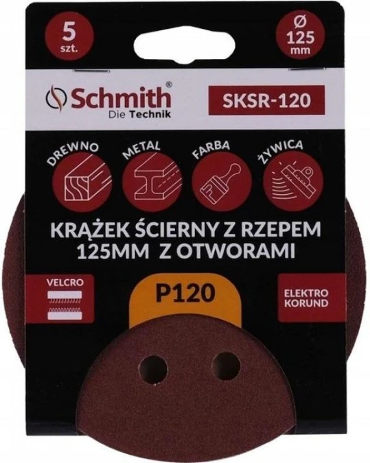 Papier ścierny krążki na rzep z otworami 125mm P120 zestaw 5szt Schmith