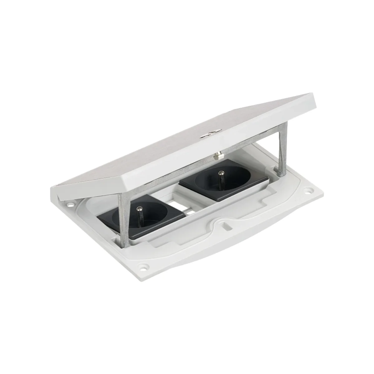 Simon Connect TSC-KFH221-72 Wkład z pokrywą; dwa gn. typ E (uziemnienie bolec); moduł 22,5×45 mm z zatrzaskiem Keyston 2 miejsca na złącza RJ45 lub multimedialne, zamek z ułatwionym dostępem, stal nierdzewna KFH221/72