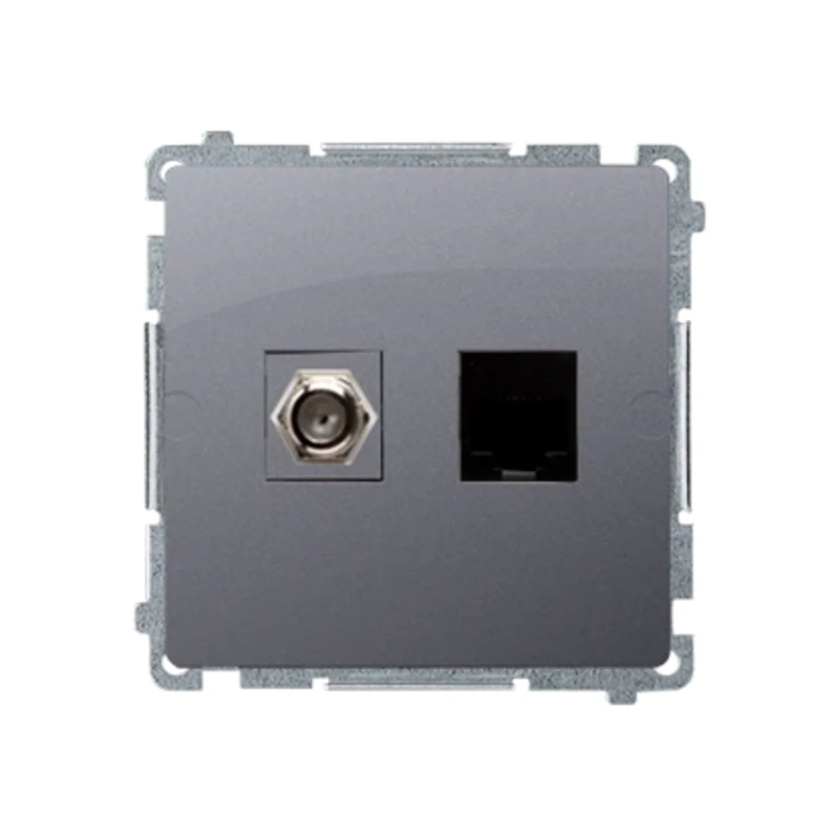 SIMON BASIC Gniazdo antenowe typu „F” + komputerowe RJ45 kategoria 6 inox metalizowany BMAFRJ45.01/21