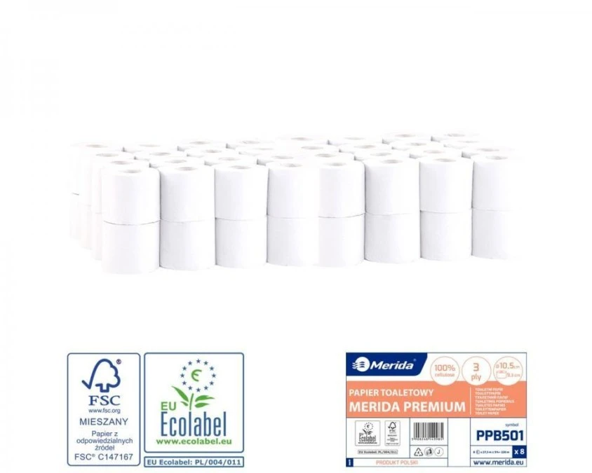Papier MERIDA Premium biały średnica 10,5 cm długość 27,5 m 3‑warstwowy worek 64 szt. PPB501