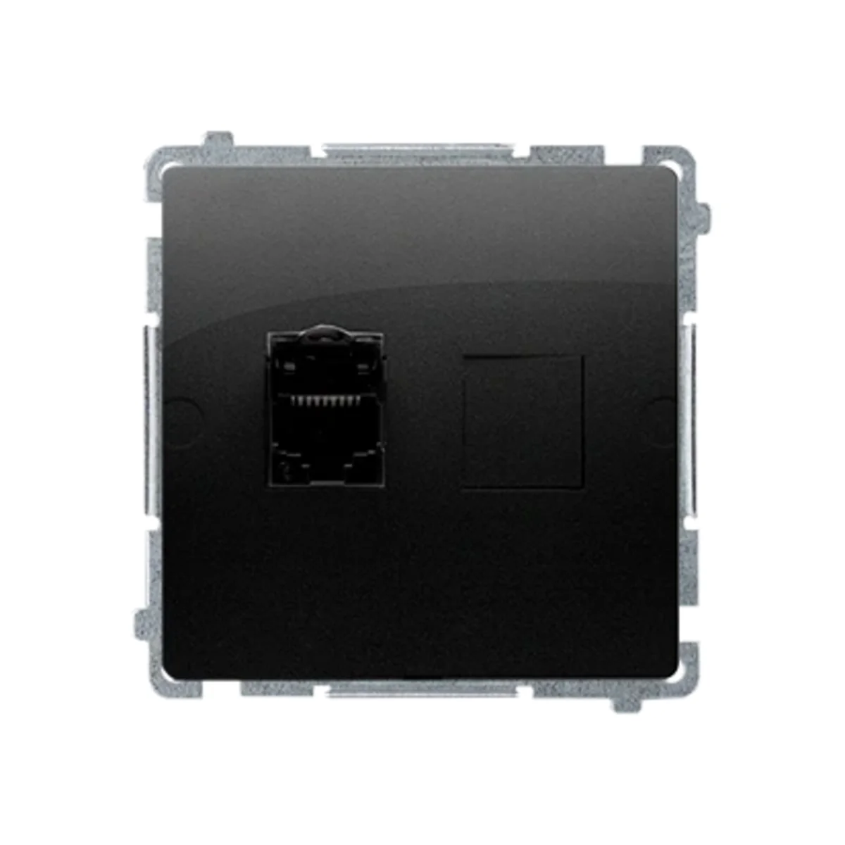 Simon Basic WMUK-0630xx-Y011 Gniazdo komputerowe RJ45, kategoria 6, pojedyncze ekranowane z przesłoną przeciwkurzową (moduł). Montaż na łapki lub wkręty; czarny BM61E.01/49
