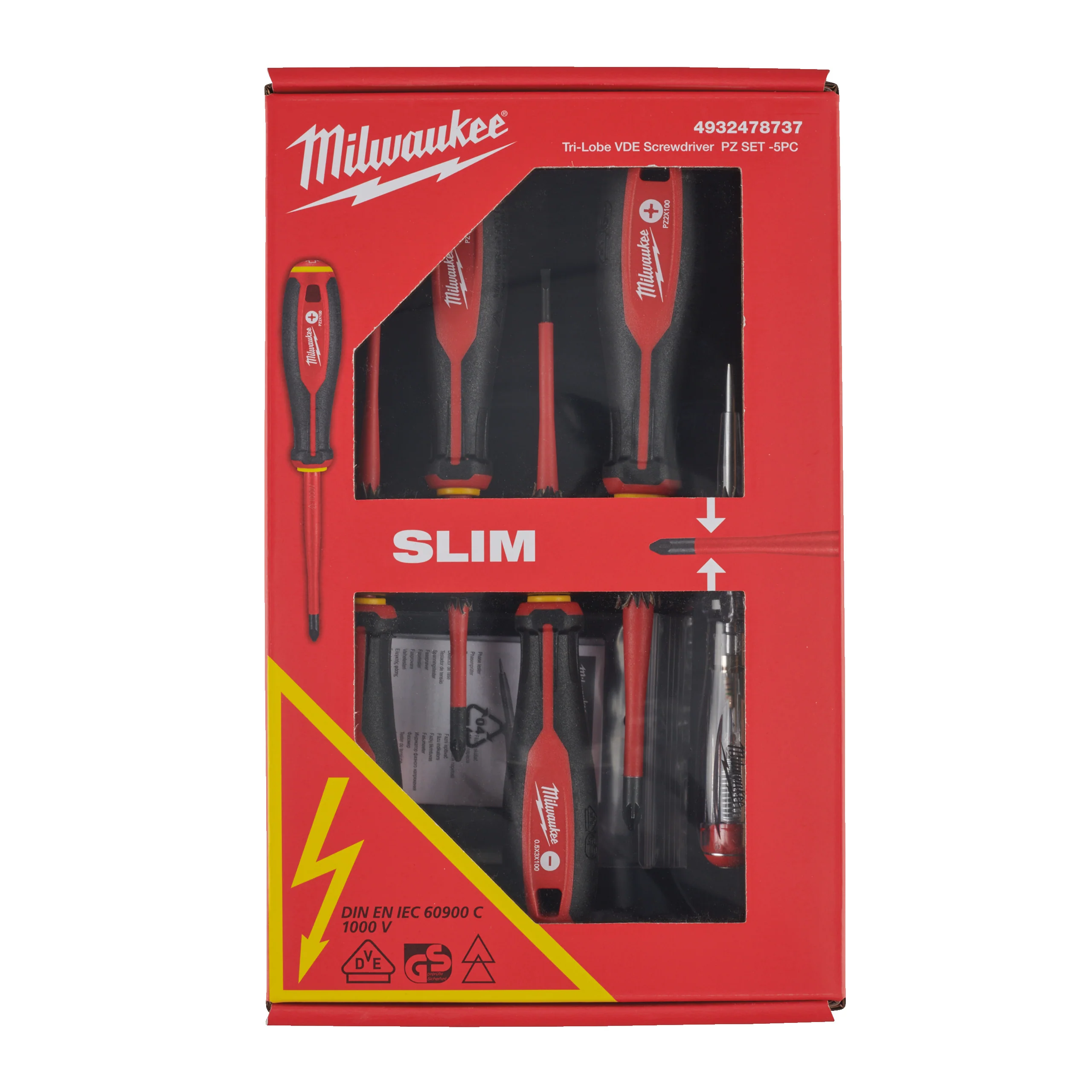 Milwaukee Zestaw wkrętaków VDE – 5szt. (SL0,5X3X100, SL0,8X4X100, PZ1 X80, PZ2 X100, tester)