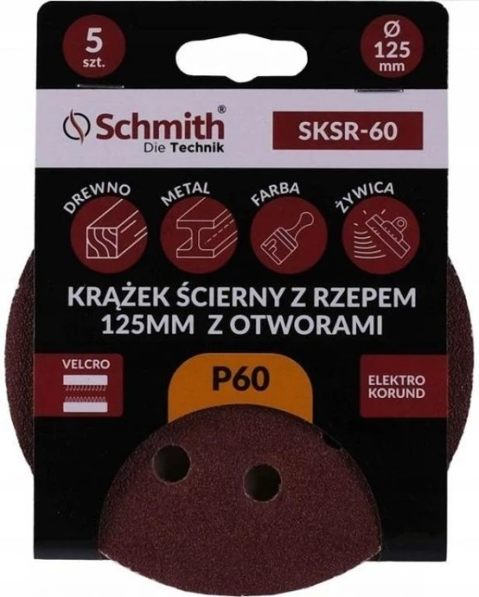 Papier ścierny krążki na rzep z otworami 125mm P60 zestaw 5szt Schmith