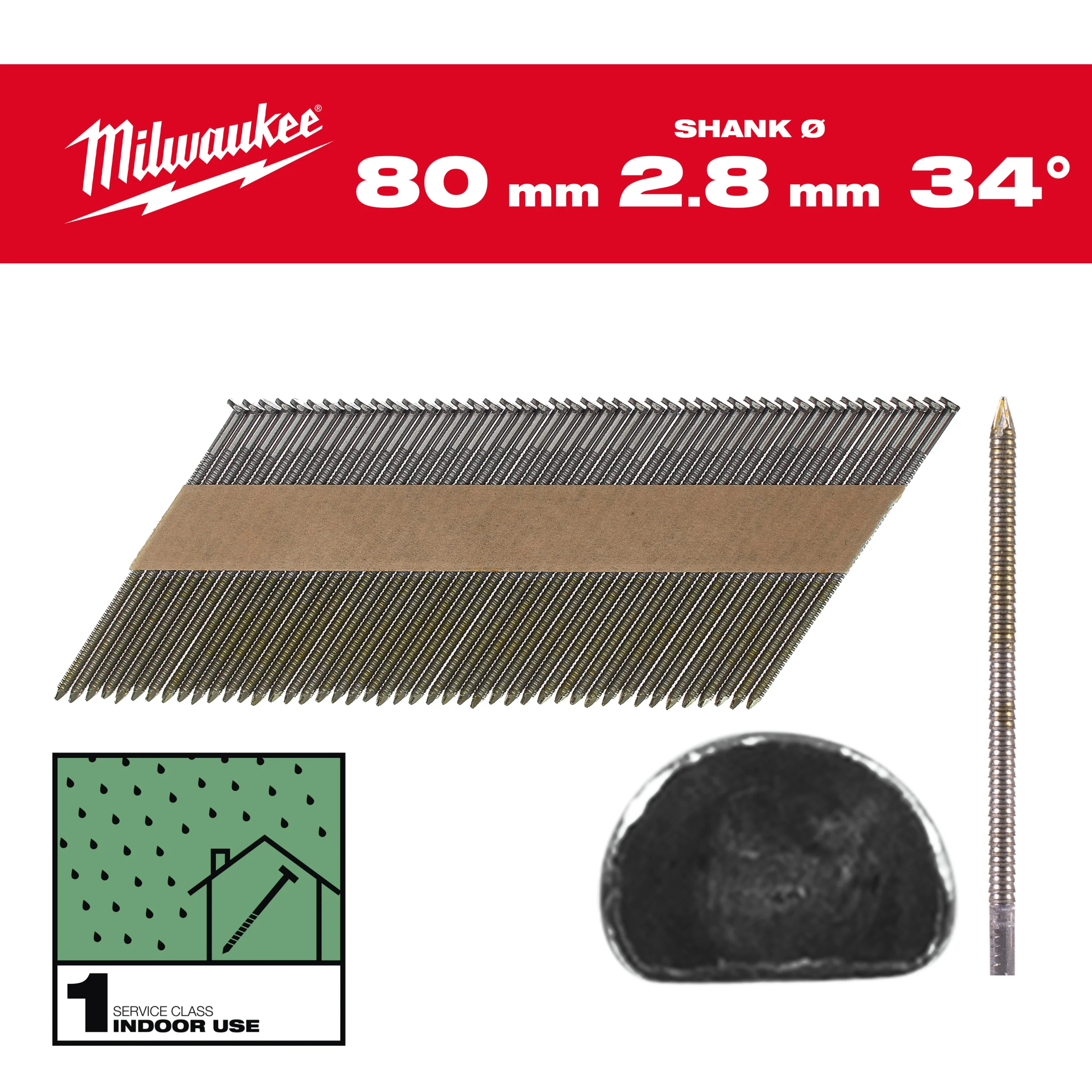 Milwaukee Gwoździe 34° pierścieniowe okrągły łeb jasny 80mm – 2200szt – M18FFN