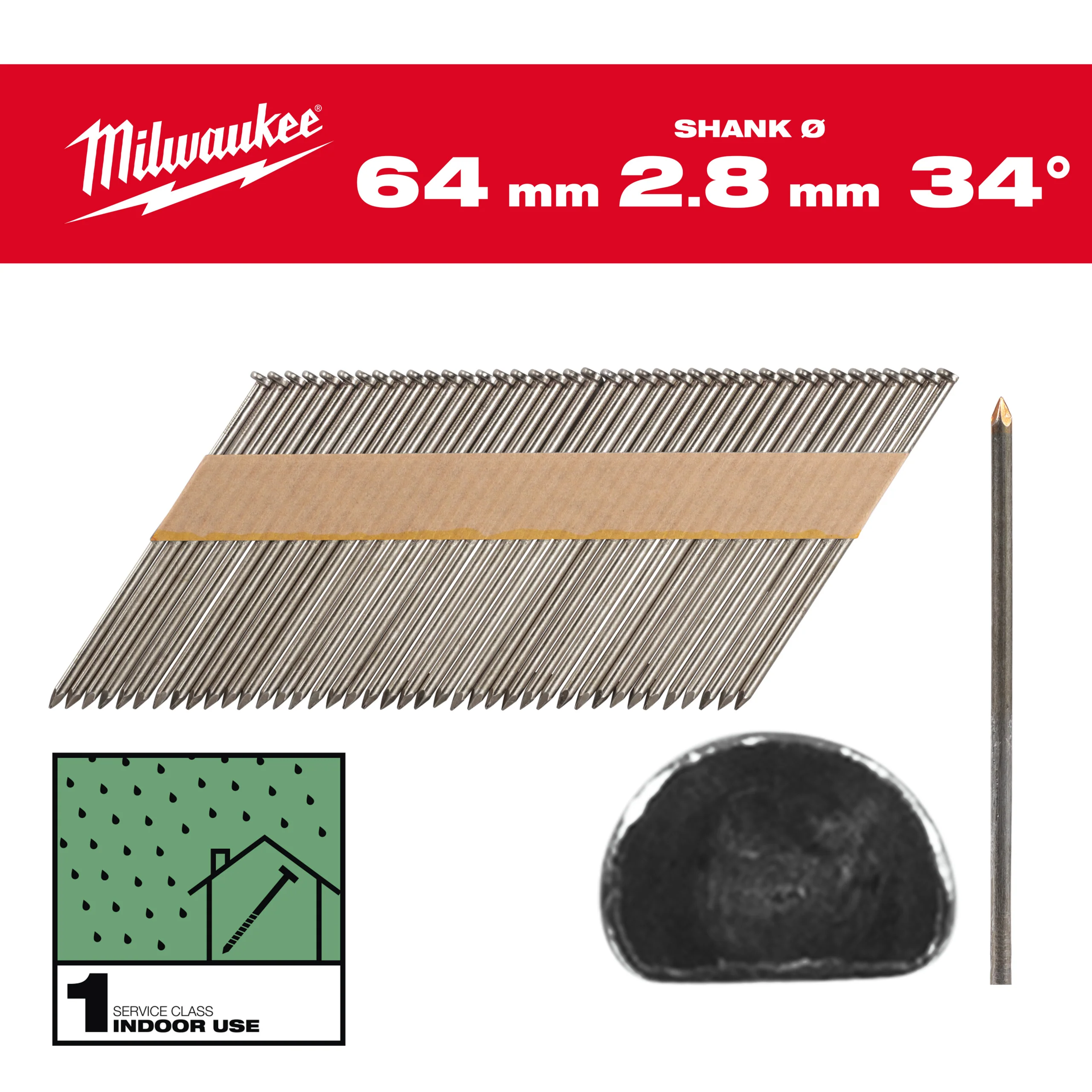 Milwaukee Gwoździe 34° pierścieniowe sfazowana głowa, jasne 64mm – 2200szt – M18FFN