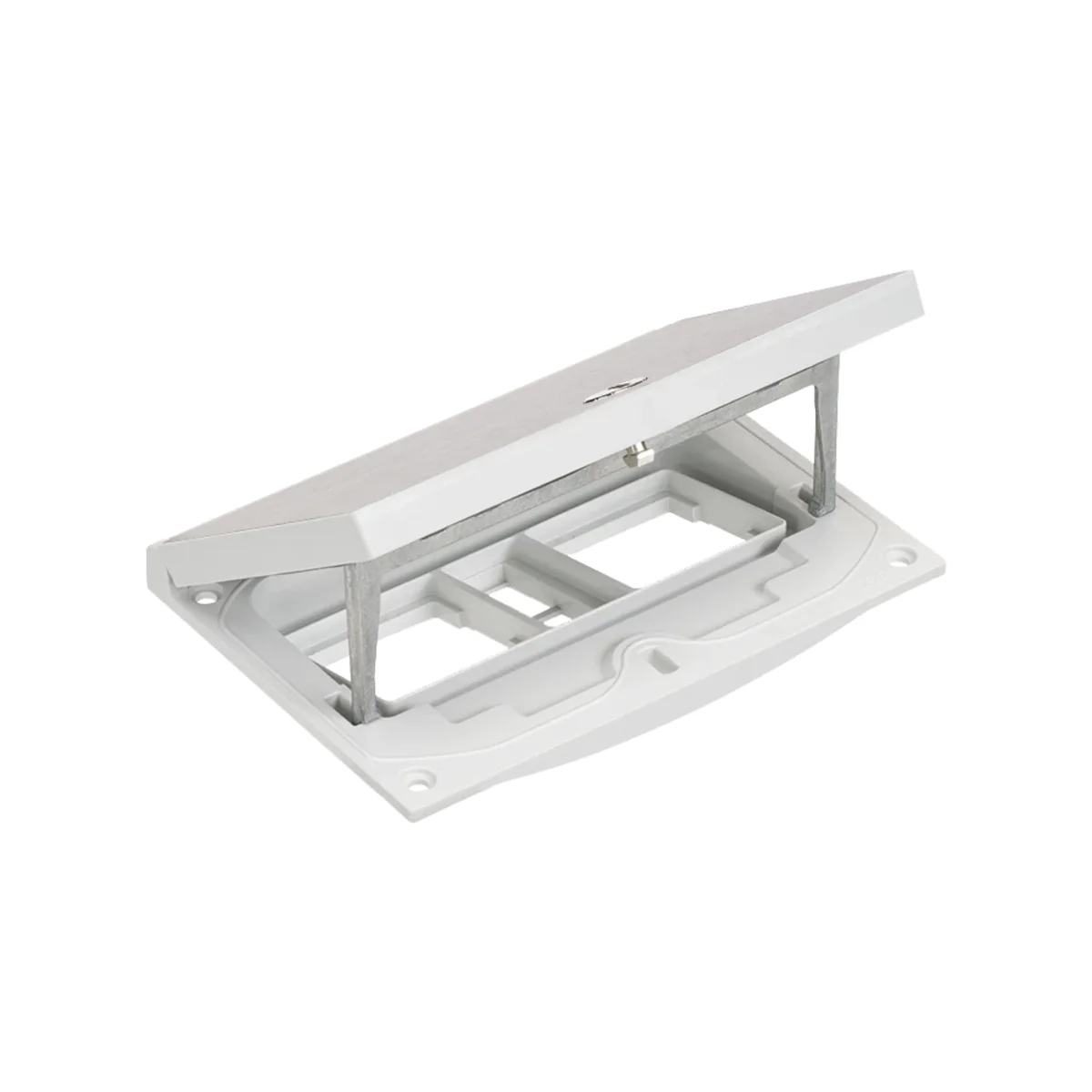 Simon Connect TSC-KFH201-72 Wkład z pokrywą; puste miejsce na dwa moduły 45x45mm; moduł 22,5×45 mm z zatrzaskiem Keyston 2 miejsca na złącza RJ45 lub multimedialne, zamek z ułatwionym dostępem, stal nierdzewna KFH201/72