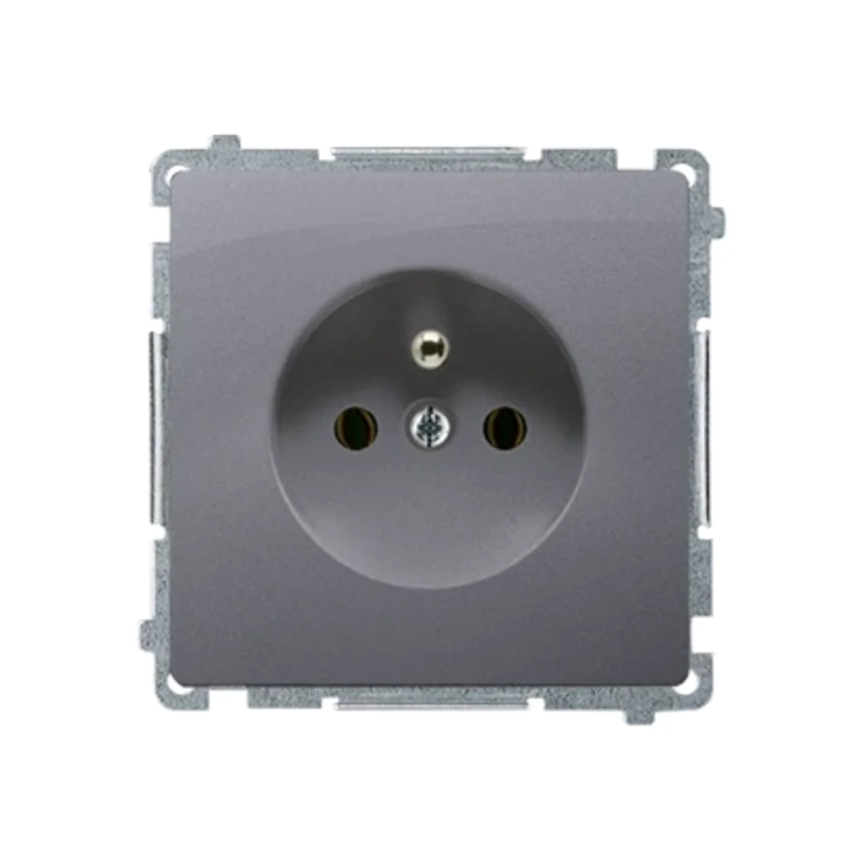 SIMON BASIC Gniazdo wtyczkowe pojedyncze z uziemieniem i przesłonami torów prądowych 16A 250V srebrny mat BMGZ1CZ.01/43
