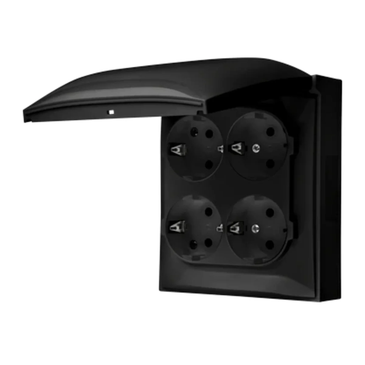 Simon Aquaclick WA-CGSZ4Zx-xx-49xx Gniazdo wtyczkowe natynkowe Schuko 4-krotne, klapka w kolorze pokrywy, z przesłonami torów prądowych, IP44, 16A, 250V~, zaciski śrubowe; czarny ACGSZ4Z/49