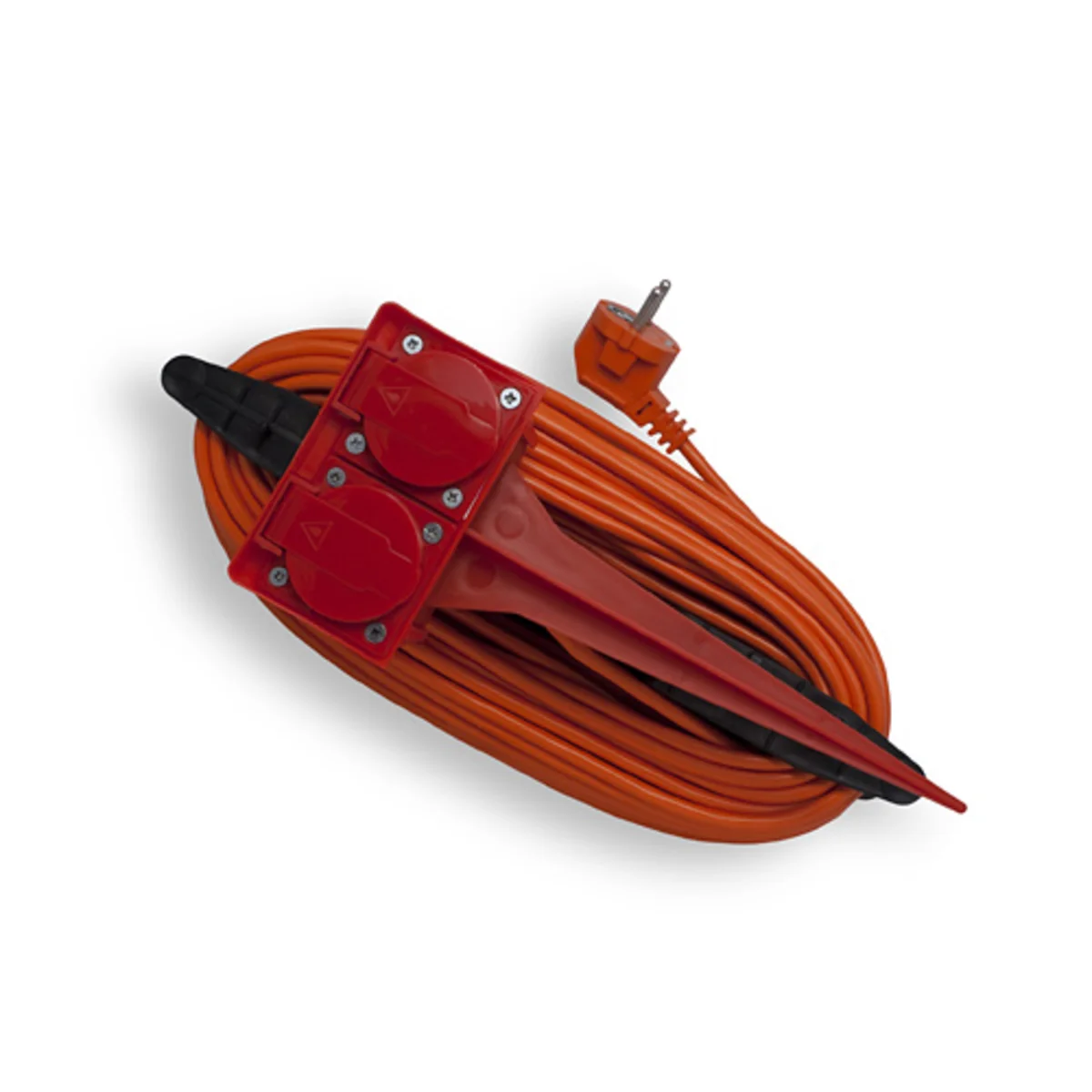 Przedłużacz ogrodowy 2-krotny 2x2P+Z (gniazda IP-44) z wbijanym szpicem i nawijakiem NP, pomarańczowy PVC 3x1mm² – 5m, 250V~/10A PO-205-444 PO-205-444