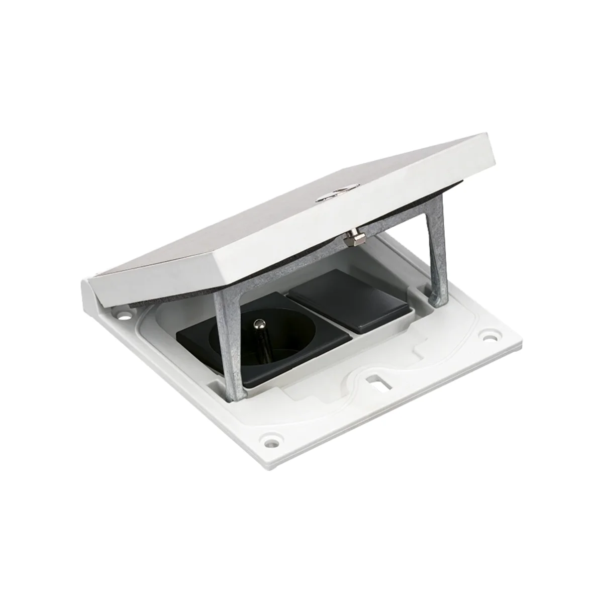 Simon Connect TSC-KFH120-72 Wkład z pokrywą; gniazdo typ E (uziemienie bolec); zaślepka 22,5×45 mm na złącza RJ45 lub multimedialne, zamek z ułatwionym dostępem, stal nierdzewna KFH120/72
