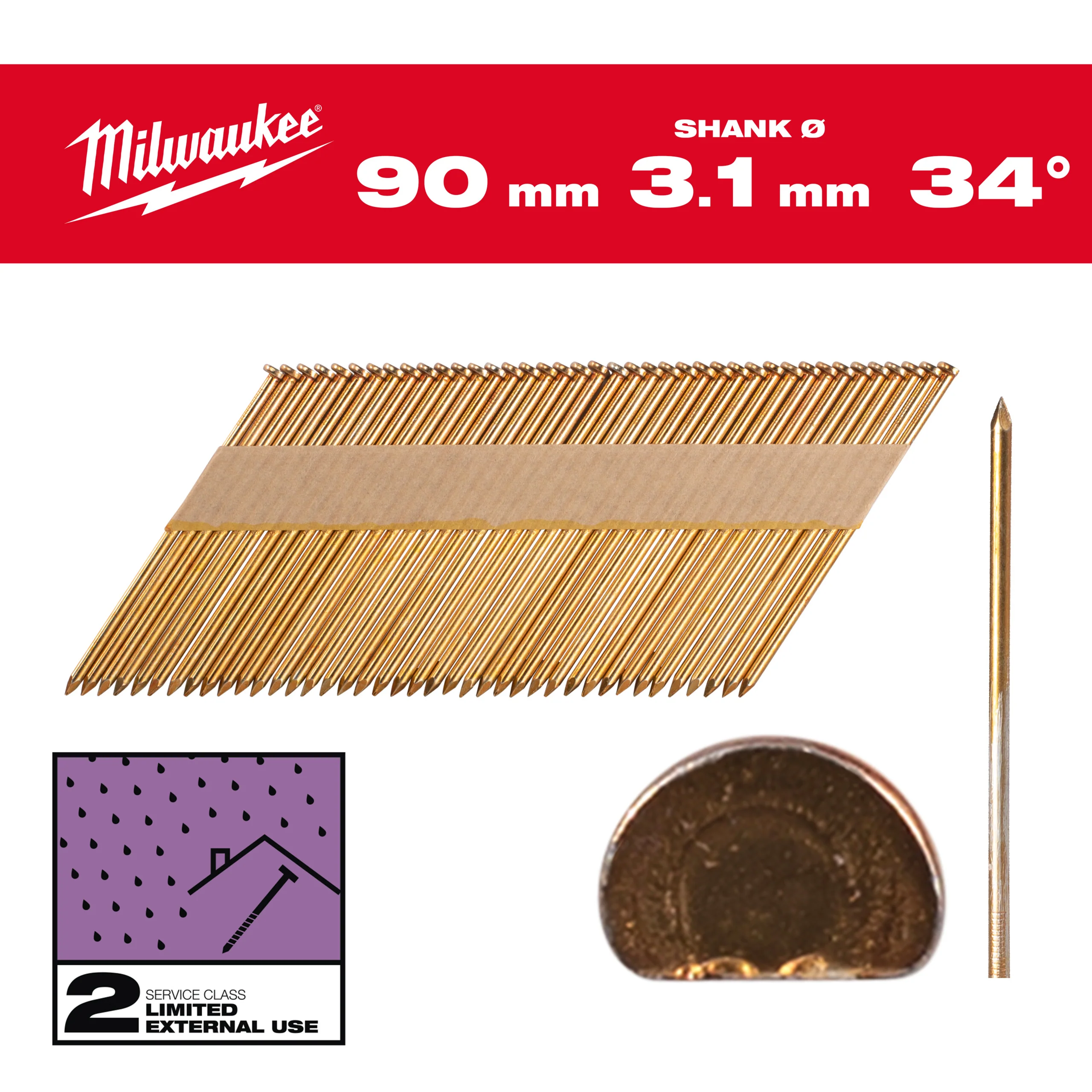 Milwaukee Gwoździe 34° pierścieniowe sfazowany łeb, galwanizowany 90mm – 2200szt – M18FFN